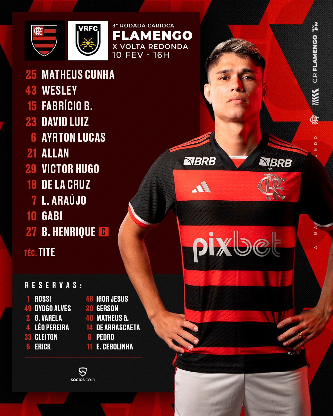 Flamengo escalado para jogo contra Volta Redonda; veja