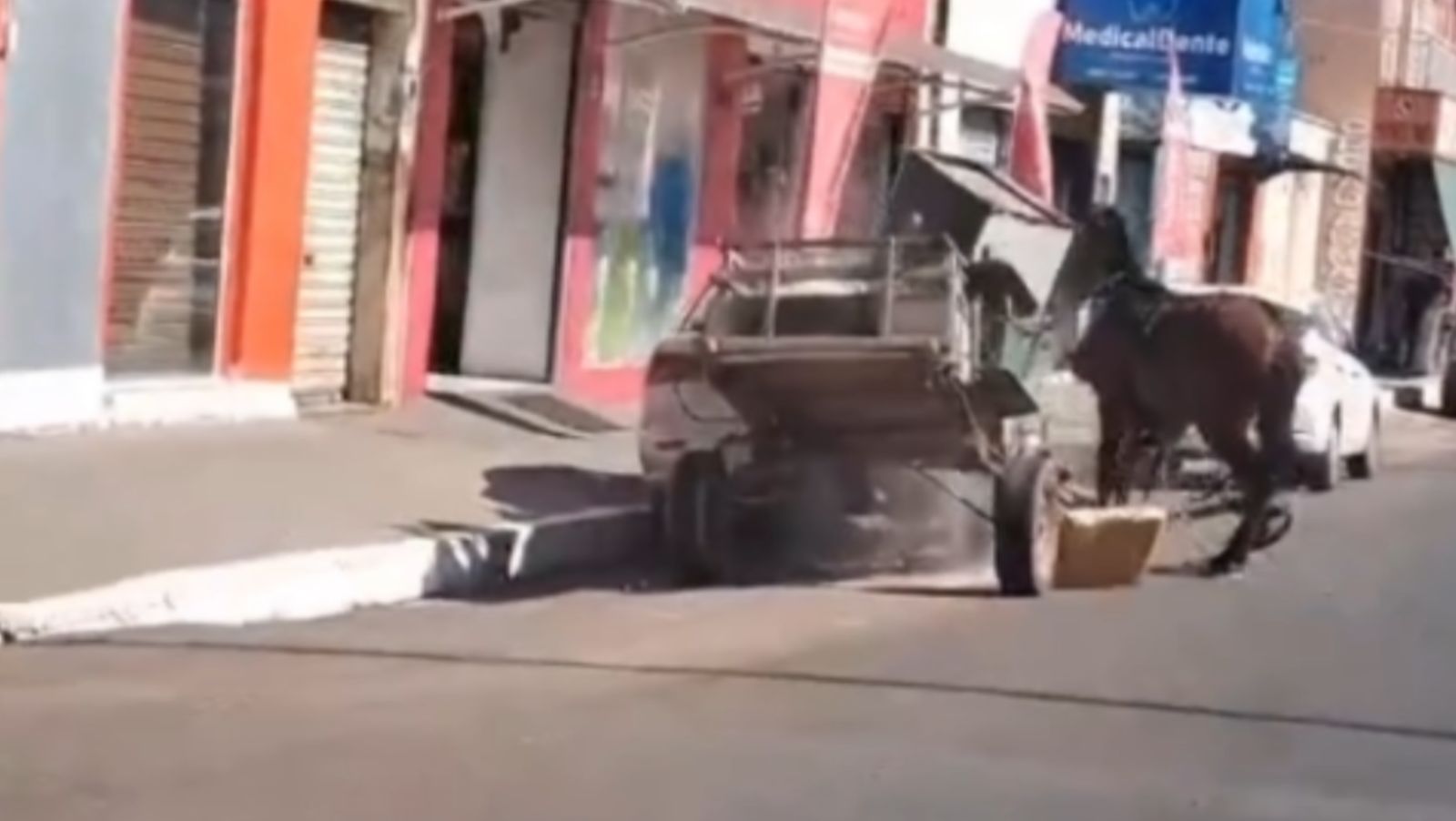 Carroça desgovernada atinge carro estacionado; veja o vídeo