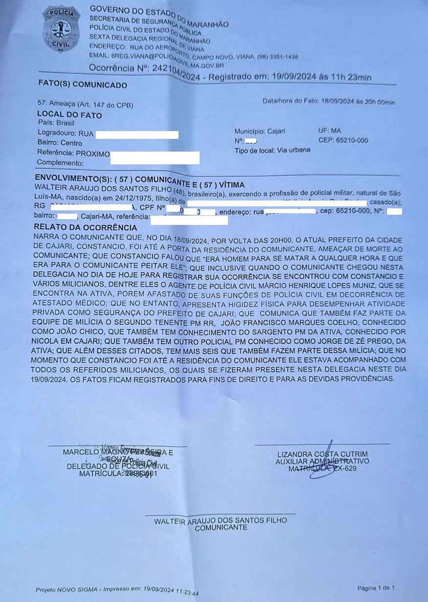 Tenente Coronel denuncia criação de milícia por parte de prefeito do interior do MA para atuar nestas eleições de 2024